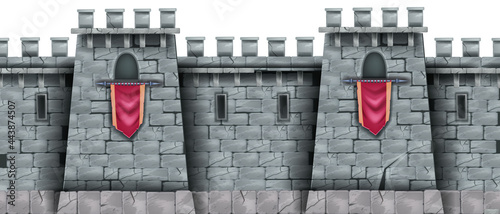 Stone castle wall seamless background, medieval city brick fortification tower, standard, loophole. Rock ancient building, fantasy game illustration, architecture exterior view. Solid castle wall