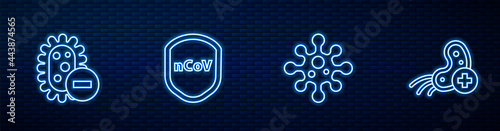 Set line Virus, Negative virus, Shield protecting from and Positive. Glowing neon icon on brick wall. Vector