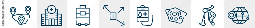 Obraz premium line icons such as distance, hospital, suitcase, spread, blood bag, website outline vector sign. symbol, logo illustration. linear style icons set. pixel perfect vector graphics.