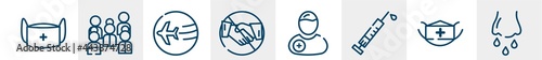 line icons such as medical mask, crowd, travelling, no handshake, patient, runny nose outline vector sign. symbol, logo illustration. linear style icons set. pixel perfect vector graphics.