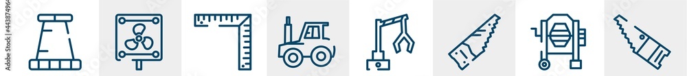 work tools line icons such as road stopper, vent, angle ruler, tractor side view, backhoes, band saw outline vector sign. symbol, logo illustration. linear style icons set. pixel perfect vector work tools line icons such as road stopper, vent, angle ruler, tractor side view, backhoes, band saw outline vector sign. symbol, logo illustration. linear style icons set. pixel perfect vector