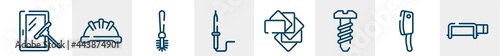 tools and machinery line icons such as window cleaner, iron helmet, toilet brush, solder, color pack, hacksaw with handle outline vector sign. symbol, logo illustration. linear style icons set.