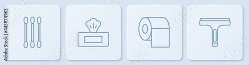 Set line Cotton swab for ears, Toilet paper roll, Wet wipe pack and Rubber cleaner. White square button. Vector