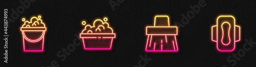 Set line Handle broom, Bucket with soap suds, Basin and Sanitary napkin. Glowing neon icon. Vector