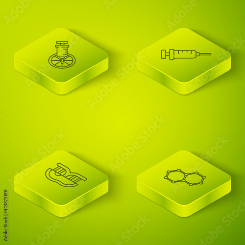 Set Isometric line Syringe, Genetically modified meat, Chemical formula and orange icon. Vector