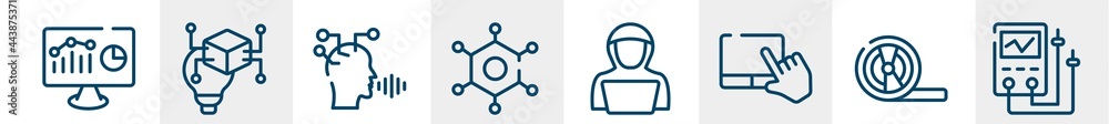 network architecture line icons such as web analytics, invention, voice recognition, nanotechnology, hack, diagnostic tool outline vector sign. symbol, logo illustration. linear style icons set.