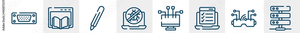 network architecture line icons such as port, webpage, digital pen, no virus, streaming, hosting server outline vector sign. symbol, logo illustration. linear style icons set. pixel perfect vector network architecture line icons such as port, webpage, digital pen, no virus, streaming, hosting server outline vector sign. symbol, logo illustration. linear style icons set. pixel perfect vector