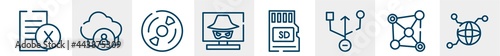 computer line icons such as delete file, cloud user, cds, hacking, micro card, connected outline vector sign. symbol, logo illustration. linear style icons set. pixel perfect vector graphics.