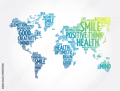 Positive thinking word cloud in shape of world map, creative concept background