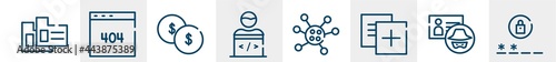 cyber crimes line icons such as case data, error 404, investing, programmer, germs, passwords outline vector sign. symbol, logo illustration. linear style icons set. pixel perfect vector graphics.