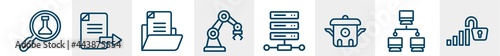 data organization line icons such as science research, export file, document file, mechanical arm, web hosting, open data outline vector sign. symbol, logo illustration. linear style icons set.