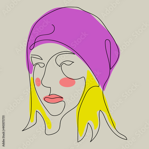 Vector illustration. The image of a girl in a purple hat. The illustration is drawn with one continuous line. Great for printing on clothing, advertising poster.