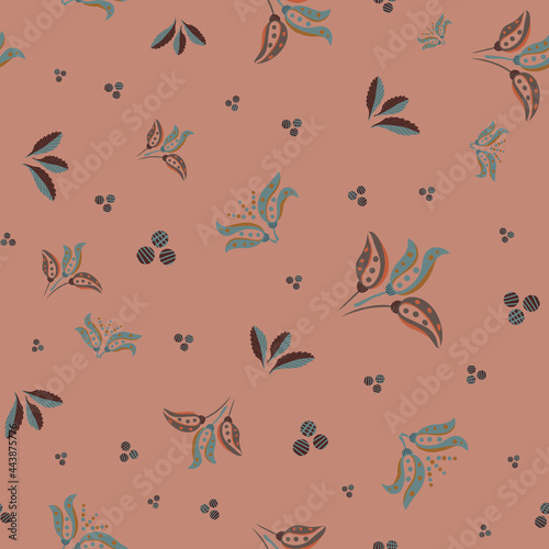 Abstract stylized tulip and leaf vector seamless pattern background. Modern dark pink teal backdrop with bouquets of hand drawn pairs of tulips,foliage, dots circles. Garden floral design repeat © Gaianami  Design