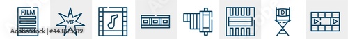 cinema line icons such as film poster, vip person, soundtrack, filmstrip, negative film, photograms outline vector sign. symbol, logo illustration. linear style icons set. pixel perfect vector