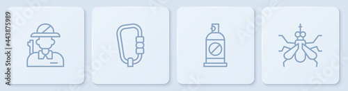 Set line Hunter, Spray against insects, Carabiner and Mosquito. White square button. Vector