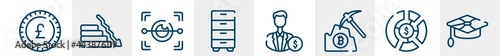 business administration line icons such as pound sterling, fallen, eye scan, cabinet, investors, mortarboard outline vector sign. symbol, logo illustration. linear style icons set. pixel perfect
