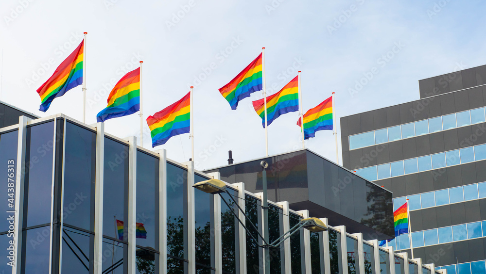 A rainbow gay flags, symbols of LGBT+ pride and equality symbol on the roof of a modern city building.