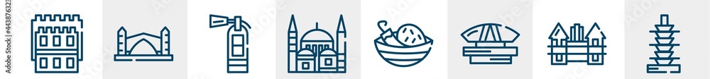 linear monuments line icons such as white tower of thessaloniki, stari most, extinguishing, mosque, spicy food, null outline vector sign. symbol, logo illustration. linear style icons set. pixel