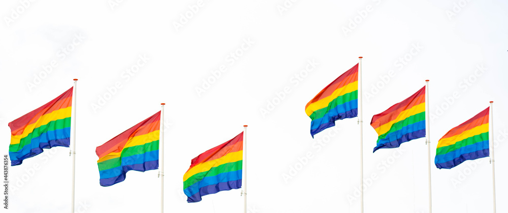 Six colorful rainbow gay flags, symbol of LGBT+ pride and equality on light background.