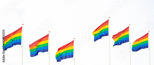 Obraz na płótnie Six colorful rainbow gay flags, symbol of LGBT+ pride and equality on light background. w salonie
