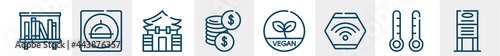 restaurant elements line icons such as bookshelves, restaurant app, memorial hall, dollar coins, vegetarian, daily specials board outline vector sign. symbol, logo illustration. linear style icons