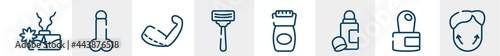 plastic surgery line icons such as aroma, penis, brachioplasty, shaving, epilator, genioplasty outline vector sign. symbol, logo illustration. linear style icons set. pixel perfect vector graphics.