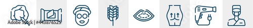 plastic surgery line icons such as mesotherapy, wet wipes, sleeping mask, birch whisk, lip, surgeon outline vector sign. symbol, logo illustration. linear style icons set. pixel perfect vector