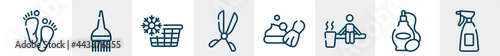 hair salon line icons such as barefoot, brush tool, cold water, scissors badge, shaving foam, hair salon spray bottle and can outline vector sign. symbol, logo illustration. linear style icons set.