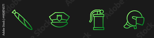 Set line Hand smoke grenade, Marijuana joint, Police cap with cockade and helmet. Gradient color icons. Vector
