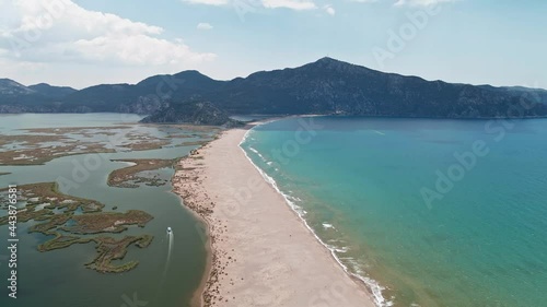 Aerial view of the Dalyan river delta flowing into the Aegean sea, famous Iztuzu Beach in Mugla Province, Turkey