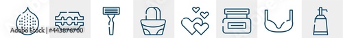 for her line icons such as hairy, razorblade, shaving razor, hand bag, romantic, null outline vector sign. symbol, logo illustration. linear style icons set. pixel perfect vector graphics.