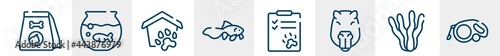 pet shop line icons such as cat food, fish bowl, pet shelter, gold fish, dog health list, extending leads outline vector sign. symbol, logo illustration. linear style icons set. pixel perfect vector