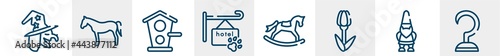 halloween line icons such as witch, horse black side shape, birds home, pet hotel, rocker horse, hook outline vector sign. symbol, logo illustration. linear style icons set. pixel perfect vector
