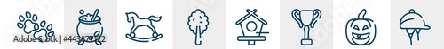 horses line icons such as dog paw, cauldron, horse rocker, plain tree, birds house, hat for a jockey outline vector sign. symbol, logo illustration. linear style icons set. pixel perfect vector