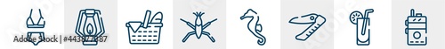 hunting line icons such as bikini, oil lamp, picnic, pond skater, seahorse, walkie talkie outline vector sign. symbol, logo illustration. linear style icons set. pixel perfect vector graphics.