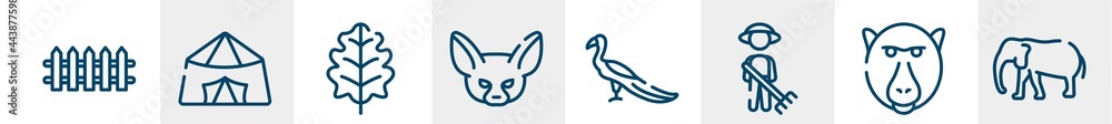 Obraz premium in the zoo line icons such as fence, jaima tent, oak leaf, fennec, peacock, elephants outline vector sign. symbol, logo illustration. linear style icons set. pixel perfect vector graphics.