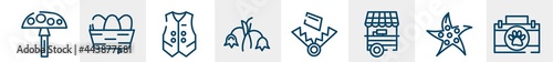 zoo line icons such as amanita, nest, waistcoat, harebell, trap, animal aid outline vector sign. symbol, logo illustration. linear style icons set. pixel perfect vector graphics.
