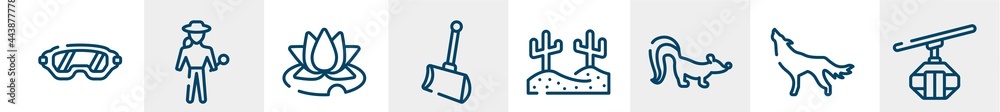 winter nature line icons such as safety glasses, explorer, water lily, shovel, desert, cable car cabin outline vector sign. symbol, logo illustration. linear style icons set. pixel perfect vector winter nature line icons such as safety glasses, explorer, water lily, shovel, desert, cable car cabin outline vector sign. symbol, logo illustration. linear style icons set. pixel perfect vector