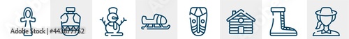 in the zoo line icons such as ankh, canteen, snowman, sled, african mask, biologist outline vector sign. symbol, logo illustration. linear style icons set. pixel perfect vector graphics.