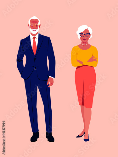 An elderly woman and a man are standing at full height. Stylish grandparents are smiling. Happy old age. Vector flat illustration