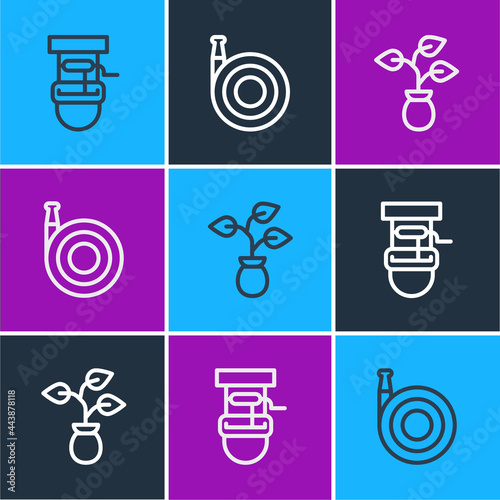 Set line Well with bucket, Plant and Garden hose icon. Vector