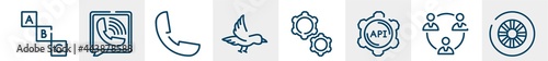line icons such as alphabet, viber, phone, bird, system, wheel outline vector sign. symbol, logo illustration. linear style icons set. pixel perfect vector graphics.