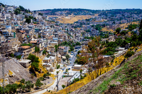 view on Silwan or Siloam is arab neighborhood in East Jerusalem, on outskirts of Old City of Jerusalem. Part it builted atop necropolis cemetery of ancient Judea. Jerusalem, Israel