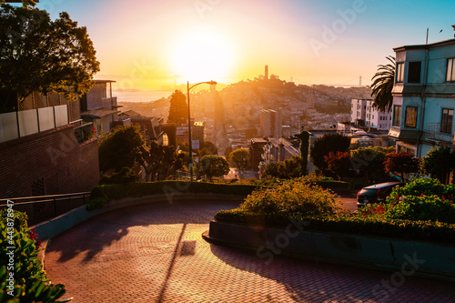 View of the beautiful Lombard Street during sunset in San Francisco photo