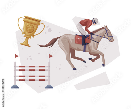 Jockey Jumping on Racing Horse Overcoming of Obstacles, Equestrian Sport Equipment Vector Illustration