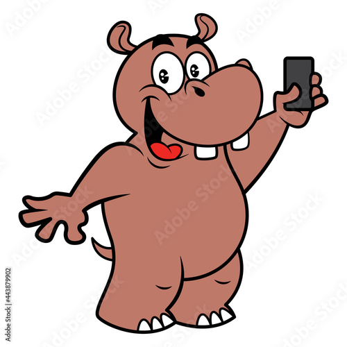Cartoon illustration of Funny Big and Fat Hippo taking self-portrait with its smartphone and go sharing to social media  best for mascot or logo for smartphone accessories product