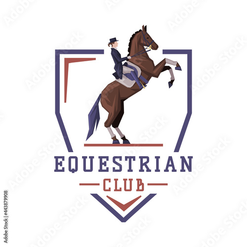 Equestrian Club Logo Design, Jockey Riding with Jumping Horse, Competition, Tournament Label, Emblem Vector Illustration