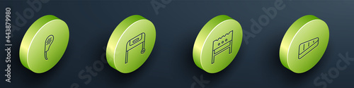 Set Isometric line Rib eye steak, Barbecue grill, BBQ brazier and Steak meat icon. Vector