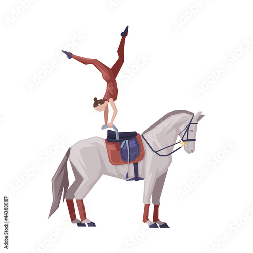 Girl Vaulting on Horse, Girl Gymnast Doing Tricks on Horse Vector Illustration