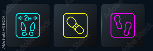 Set line Safe distance, Human footprints shoes and . Black square button. Vector